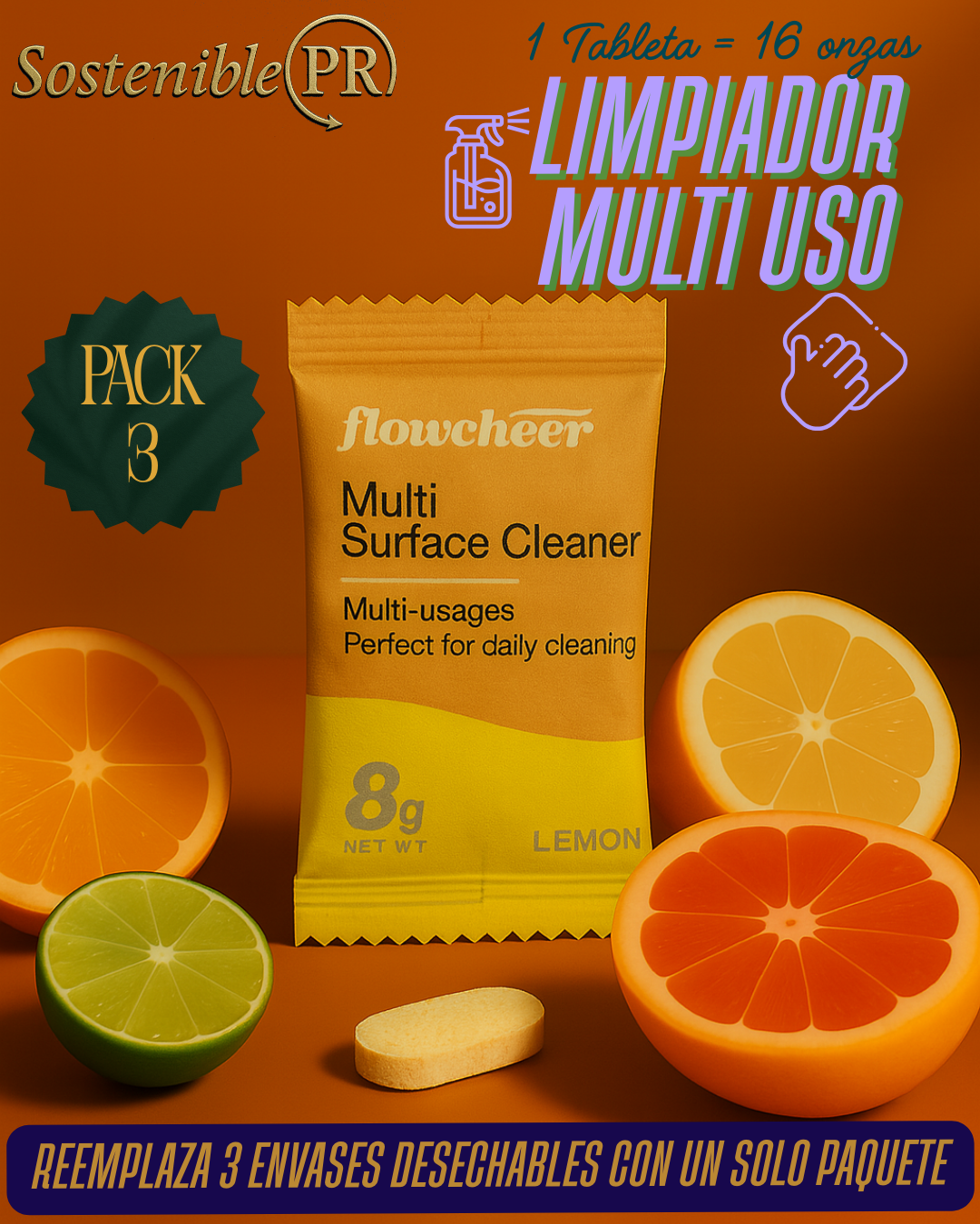 Tableta Limpiadora Multisuperficie – Flowcheer (16oz) (PACK 3)