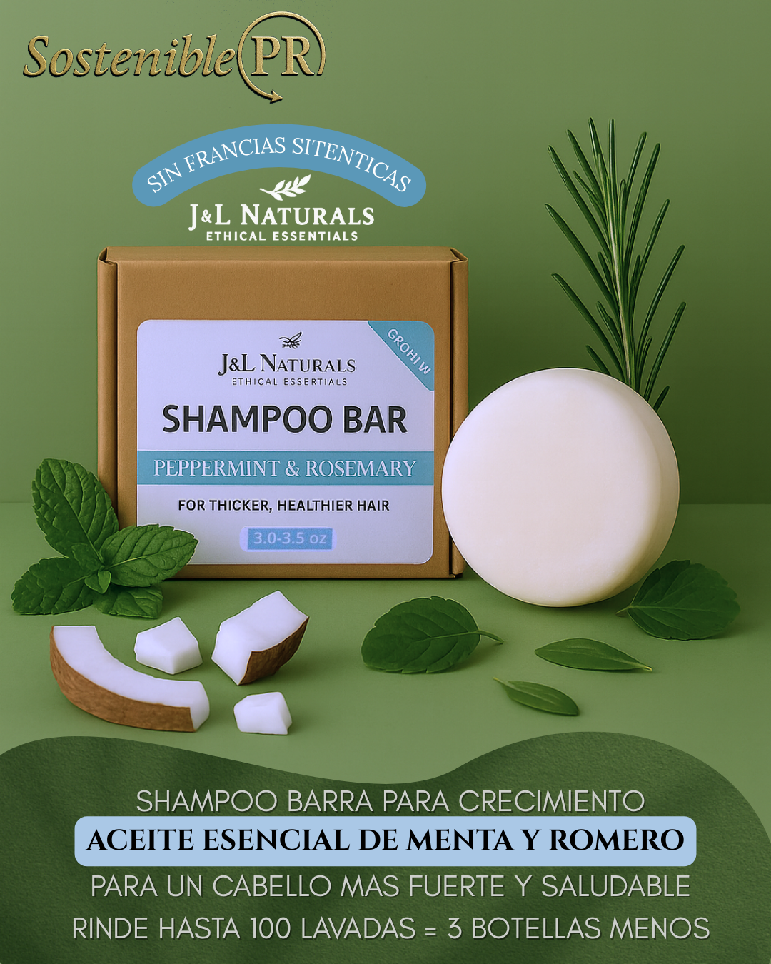 Shampoo en Barra – Peppermint & Rosemary (Growth – Cabello Normal a Fino)