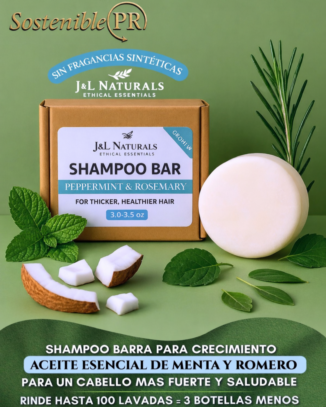 Shampoo en Barra – Peppermint & Rosemary (Growth – Cabello Normal a Fino)